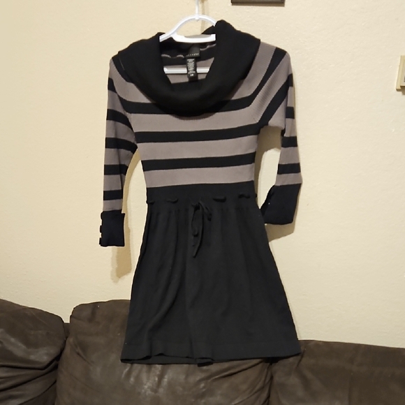 Apostrophe Dresses & Skirts - Apostrophe Black and Gray Striped Sweater Dress with Cowl Neck